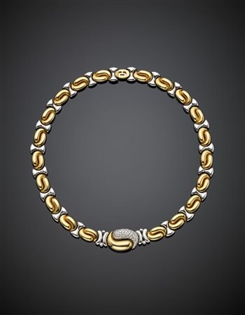 Collier modulare in oro bianco e giallo rifinito con pavè di diamanti per compl