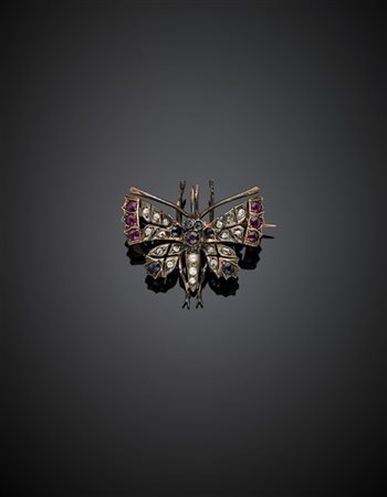 Broche in oro rosso 333/1000 e argento con diamanti a mezza rosetta, zaffiri, r