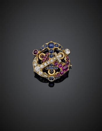 Broche vittoriana in oro giallo a guisa di tre ancore incrociate in diamanti, r