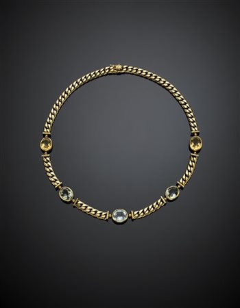 Collier a maglia groumette in oro giallo rifinito con quarzi citrini, scapoliti