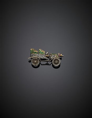 Broche a macchinina d'epoca in oro e argento con diamanti e smeraldi, g 6,08, l