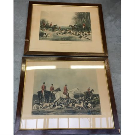 Coppia di litografie inglesi a colori (cm 50x60) raffiguranti scene di caccia a