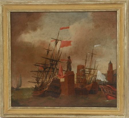 Ignoto "Velieri in porto" antico dipinto ad olio su tela (cm 48x53) In cornice