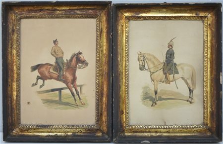Coppia di stampe a colori raffiguranti soldati a cavallo (cm 38x27) in cornici