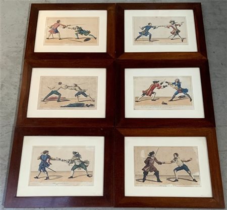 Gruppo di sei antiche incisioni acquerellate raffiguranti spadaccini, in cornic