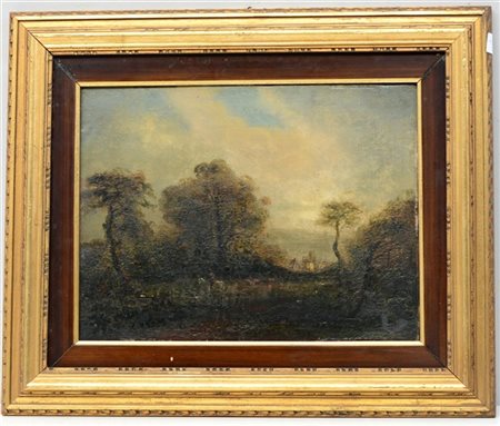 Ignoto "Paesaggio con cavallo e cavaliere" olio su tela (cm 30x39) In cornice (
