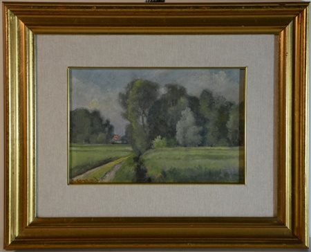 Alfonso Corradi "Campagna milanese" olio su cartone telato (cm 19x29) Firmato in