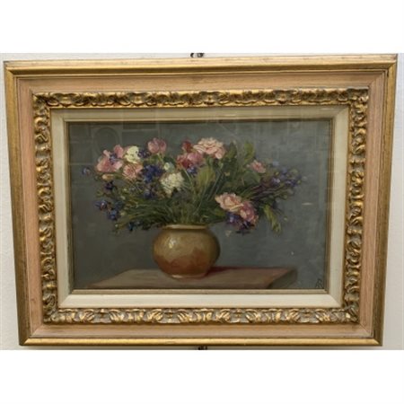 Ignoto ''vaso con fiori'' olio su cartoncino (cm 30x45) siglato in basso a dest