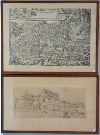 Gruppo di due incisioni di diverse epoche e misure. In cornici (difetti)