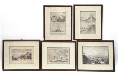 Lotto composto da cinque incisioni di diversa epoca raffiguranti Napoli, il Ves