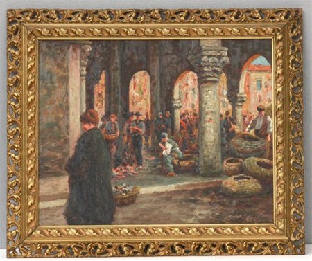 Ceresoli "Mercato" olio su compensato (cm 40x50) Firmato in basso a destra. In c