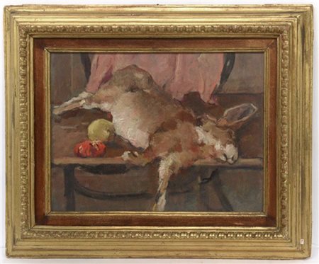 Ludovico Tommasi  "Natura morta con lepre" olio su cartone pres