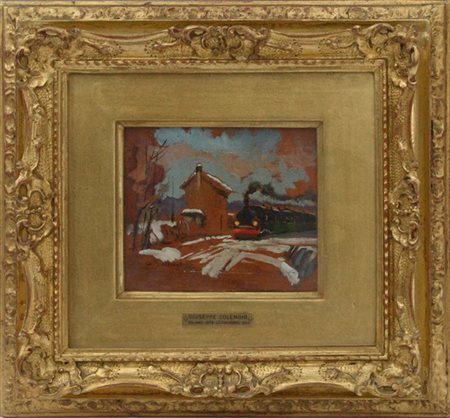 Ignoto dell'inizio XX Secolo "Treno a vapore" olio su compensato (cm 12x14) Rec