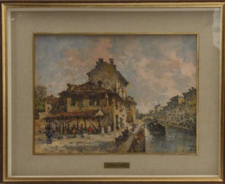 Fortunato Zangli "Milano, Naviglio con il Vicolo delle Lavandaie" olio su carton