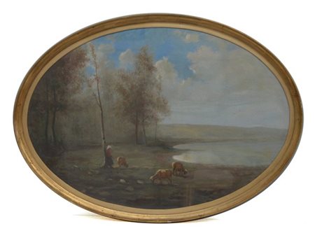 Firma indecifrata "Paesaggio lacustre con pecore" olio su compensato (cm 52x76)