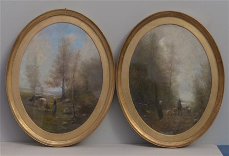 Firma indecifrata, coppia di dipinti ovali raffiguranti "Scene agresti" olio su