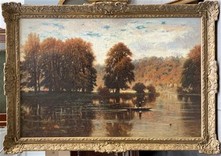 Gilbert Davis Munger "Paesagio con laghetto" olio su tela (cm 76x114) Firmato in