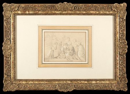 Scuola del secolo XIX "Interno con levatrice" matita nera e biacca su carta (mm