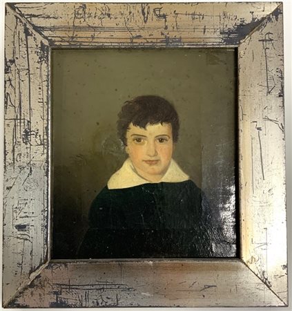 Artista del XIX Secolo "Ritratto di fanciullo" olio su tela (cm 20x17) In corni
