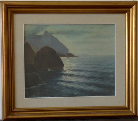 Ignoto del XX Secolo "Scogliere al tramonto" olio su cartone (cm 43,5x56) in co