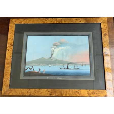 Coppia di guaches raffiguranti l'eruzione del Vesuvio, secolo XX (difetti)