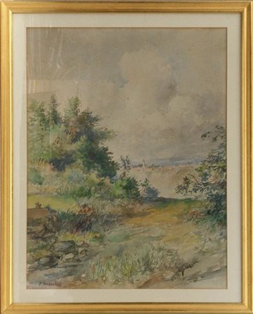 Eraldo Moscatelli "Paesaggio in Brianza" acquerello su carta (cm 62x47) Firmato