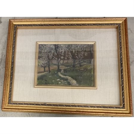 Carlo Verdecchia "Sentiero nel bosco" olio su cartone (cm 21x27) Firmato in bass