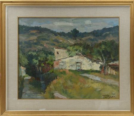 Corrado Fergnani "Periferia di Levanto" olio su tela (cm 45x55) Firmato in basso