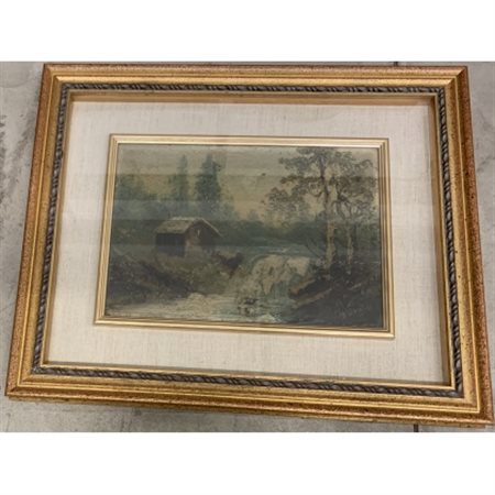 George Fisher Daniels "Baita nel bosco con cascata" olio su tela (cm 25x35) Firm