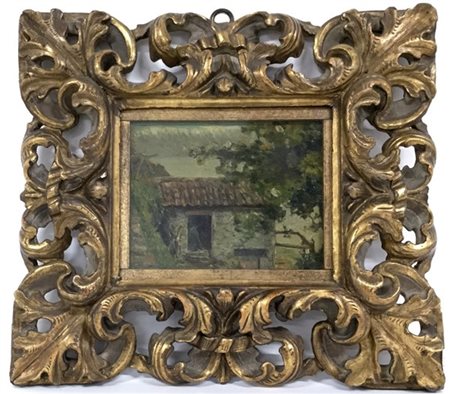 Artista del XIX Secolo "Paesaggio lacustre con cascina" olio su tavola (cm 13,5