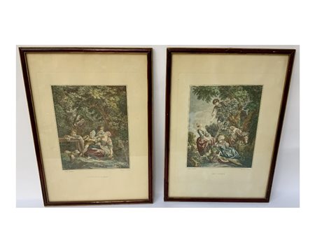 Lotto composto da due riproduzioni a colori raffiguranti sene galanti e due ova