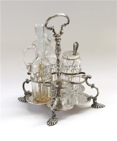 Porta cruet in argento con tre contenitori in vetro, apparentemente non punzona