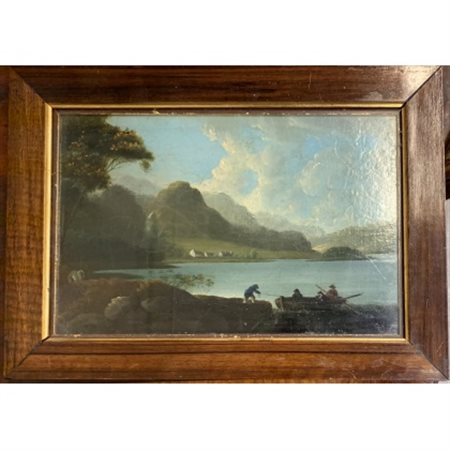 Artista del XIX Secolo "Paesaggio lacustre" olio su cartone pressato (cm 17x26)