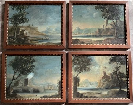 Ignoto del secolo XIX "Paesaggi lacustri" quattro dipinti ad olio su tela (cm 3