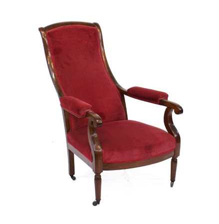 Poltrona da riposo con struttura in noce, seduta e spalliera rivestita in tessu