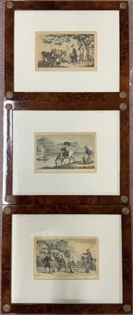 Lotto di tre incisioni colorate del secolo XIX a soggetto umoristico (cm 13x20)