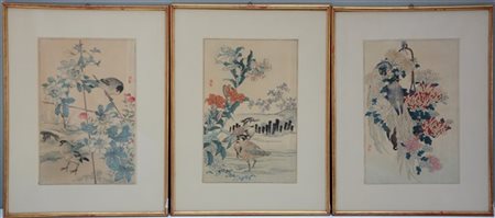 Lotto di cinque xilografie giapponesi raffiguranti coppie di volatili tra rami