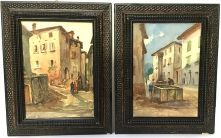 Aleardo Galbusera "Scorci di paesi con passanti" coppia di acquarelli (cm 33x23) firmati, in cornice