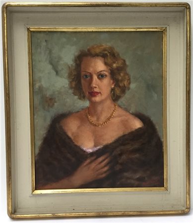 Mastellaro "Ritratto di signora con pelliccia e collier" 1953 olio su tela (cm 6