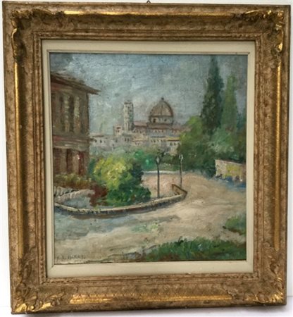 Attilio Alfieri "Piazza di città" olio su compensato (cm 48x42) firmato in basso