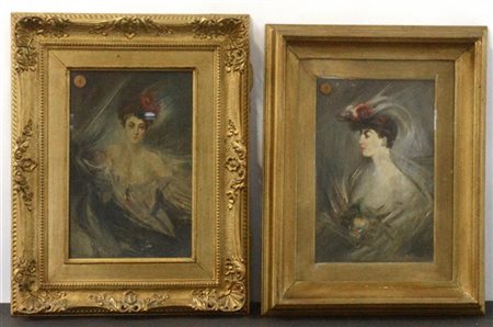 Ignoto del XIX Secolo "Ritratti femminili" due dipinti ad olio su tavola (cm 29