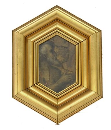 Ignoto "Figura in preghiera" antico frammento ad olio su tela sagomata (cm 24x1