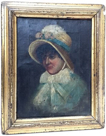 Scuola del secolo XIX "Ritratto di donna con fiocco e cappello" olio su tela (c