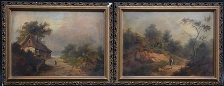 Scuola del sec. XIX "Paesaggi con viandanti" coppia di dipinti ad olio su tela