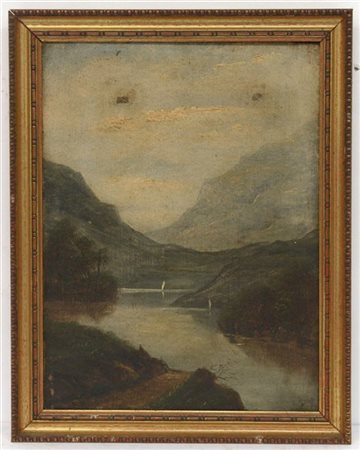 Ignoto del secolo XX "Paesaggio lacustre" olio su tela (cm 41x30) reca tracce d