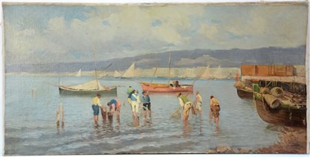 G. Romano "Pescatori" olio su tela (cm 60x120) Firmato in basso a destra (difett