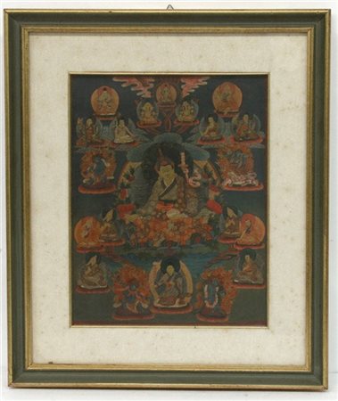 Thangka a inchiostro e colori si stoffa, raffigurante varie divinità buddhiste.