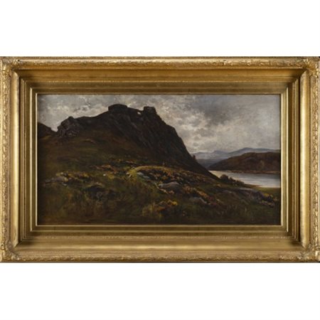 Carlo Follini (Attribuito) "Paesaggio montano" olio su tela (cm 53x102) In corni