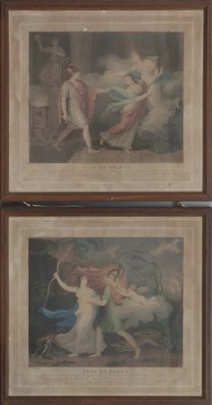 Coppia di acquetinte francesi del secolo XIX raffiguranti Enea, Elena e Didone