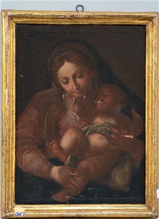 Scuola napoletana del secolo XVIII "Madonna con Bambino" Olio su tela (cm 47,5x